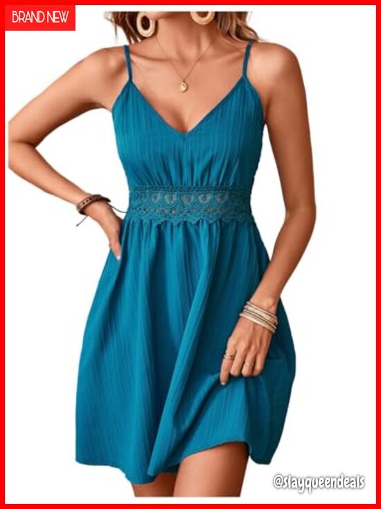 Dresses & Skirts - V Neck Lace Spaghetti Strap Casual Backless A Line Cami Dress